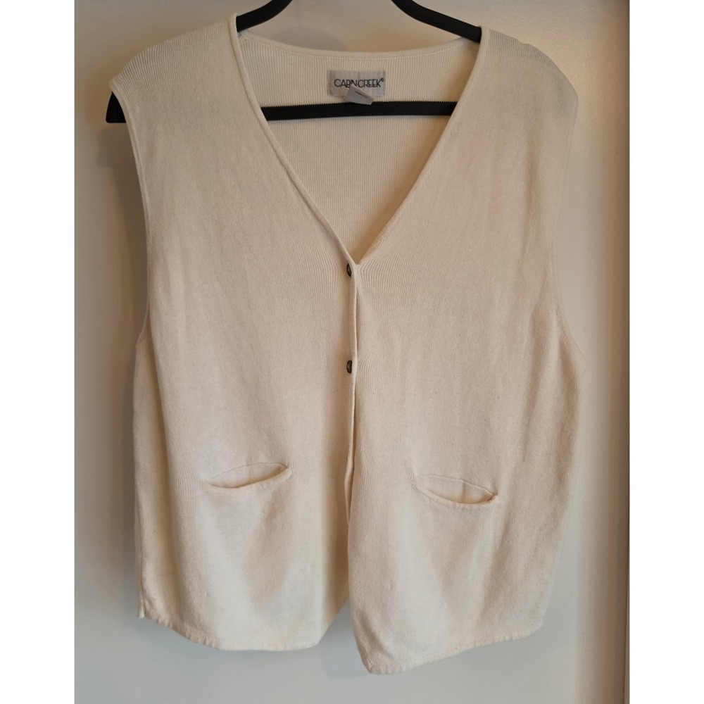 Cabin Creek Vest Women L Off-White Ramie Cotton V-Neck Sleeveless Vintage